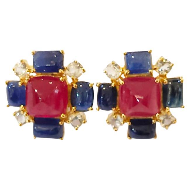 Art Deco Bochic “Capri” Ruby & Sapphire Clip On Earrings Set In 18K Gold & Silver  For Sale