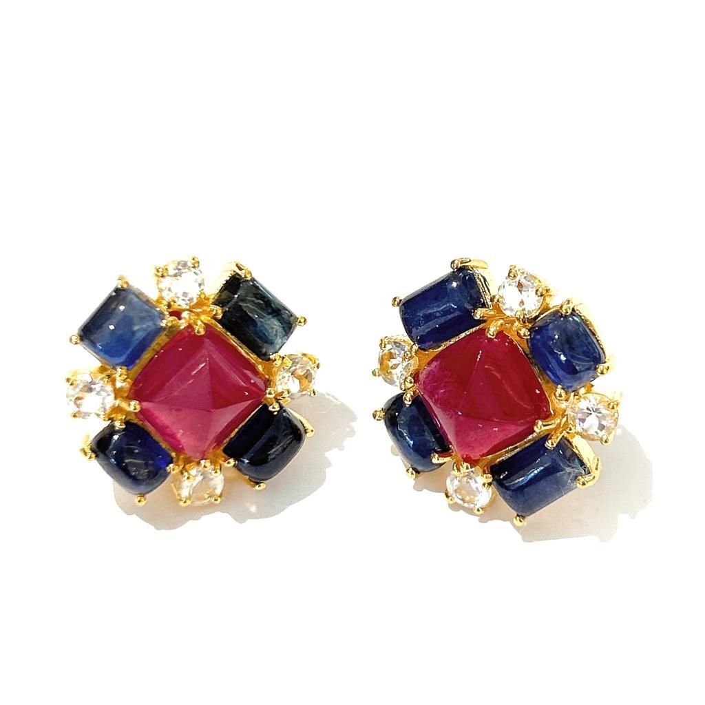 Cabochon Bochic “Capri” Ruby & Sapphire Clip On Earrings Set In 18K Gold & Silver  For Sale