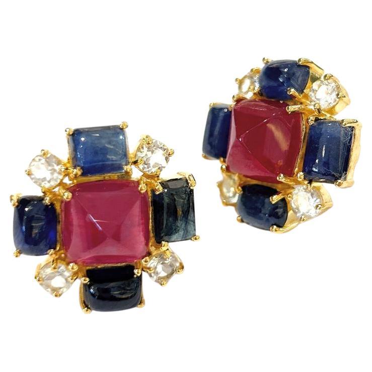 Bochic “Capri” Ruby & Sapphire Clip On Earrings Set In 18K Gold & Silver  For Sale