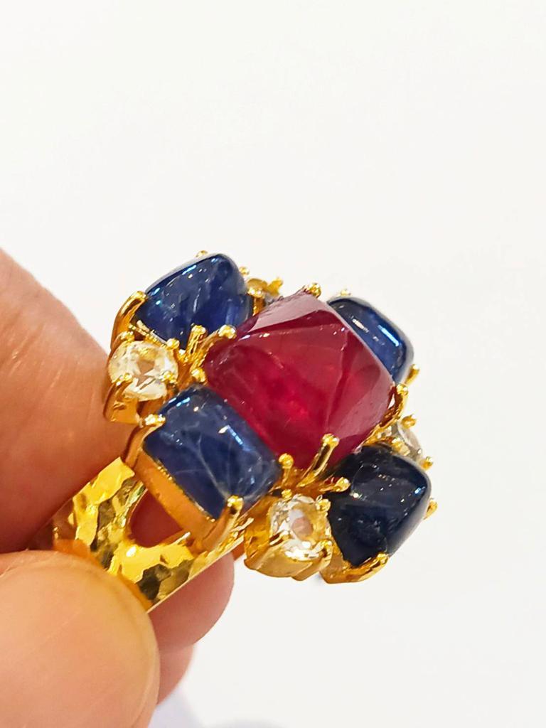 Art Deco Bochic “Capri” Ruby & Sapphire Cocktail Ring Set In 18K Gold & Silver  For Sale