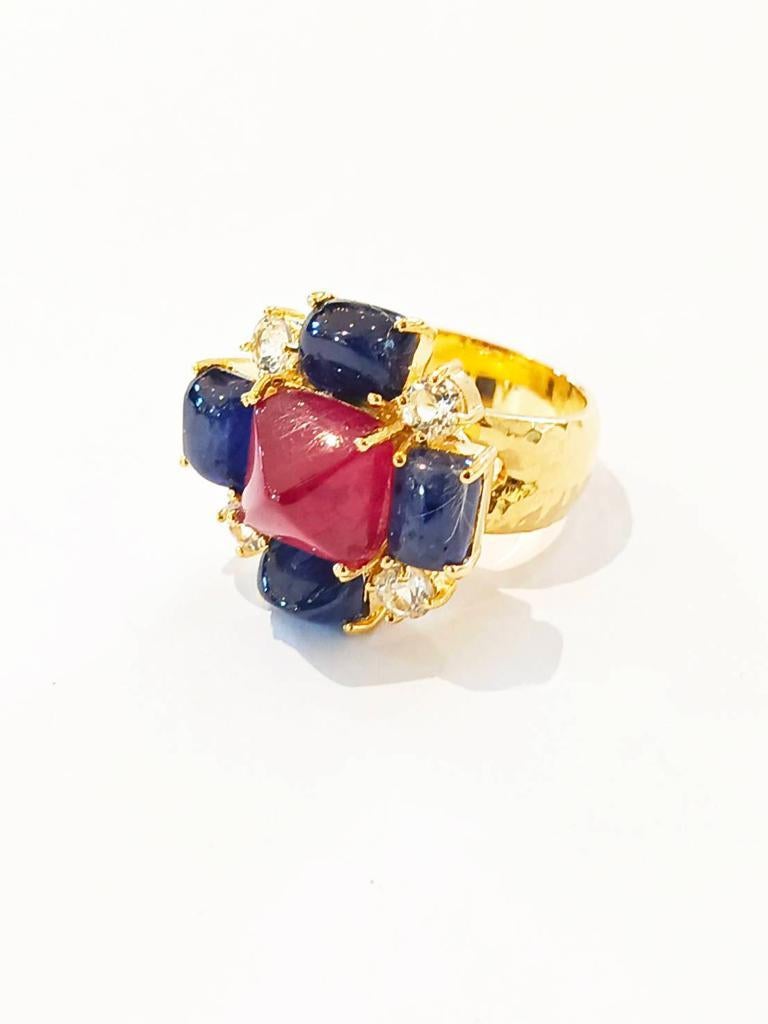 Cabochon Bochic “Capri” Ruby & Sapphire Cocktail Ring Set In 18K Gold & Silver  For Sale