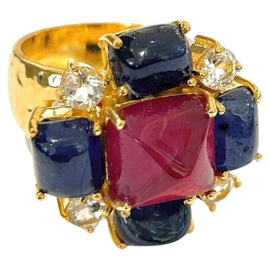 Bochic “Capri” Ruby & Sapphire Cocktail Ring Set In 18K Gold & Silver  For Sale