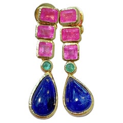 Bochic “Capri”, Ruby, Sapphire & Emerald Drop Earrings Set in 22 Gold & Silver