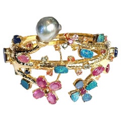 Bochic “Capri” Ruby, Sapphire, Opal, Pearl & Multi Gem Cuff Set In 18K & Silver