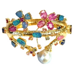 Bochic “Capri” Ruby, Sapphire, Opal, Pearl & Multi Gem Cuff Set In 18K & Silver