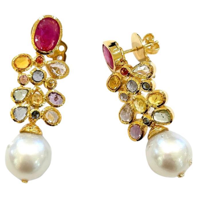 Bochic “Capri” Ruby, Sapphire & South Sea Pear Earrings In 18K Gold & Silver  For Sale