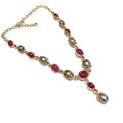 Bochic “Capri” Ruby, Sapphire, Southsea Pearl Necklace Set in 18K Gold & Silver 