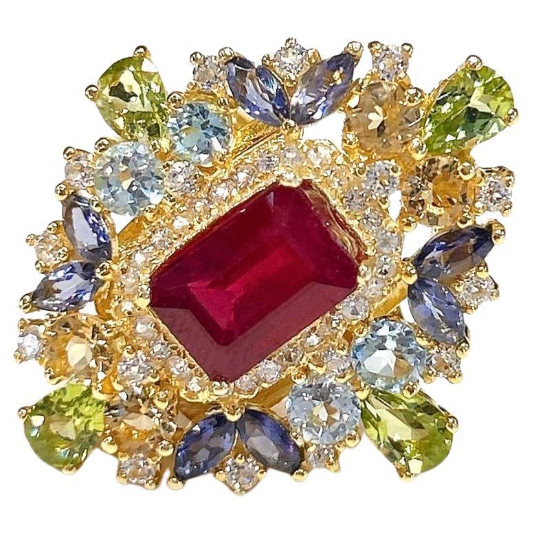 Anillo Bochic "Capri" de rubí, tanzanita, citrino y topacio azul, oro de 18 quilates y plata
