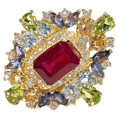 Anillo Bochic "Capri" de rubí, tanzanita, citrino y topacio azul, oro de 18 quilates y plata