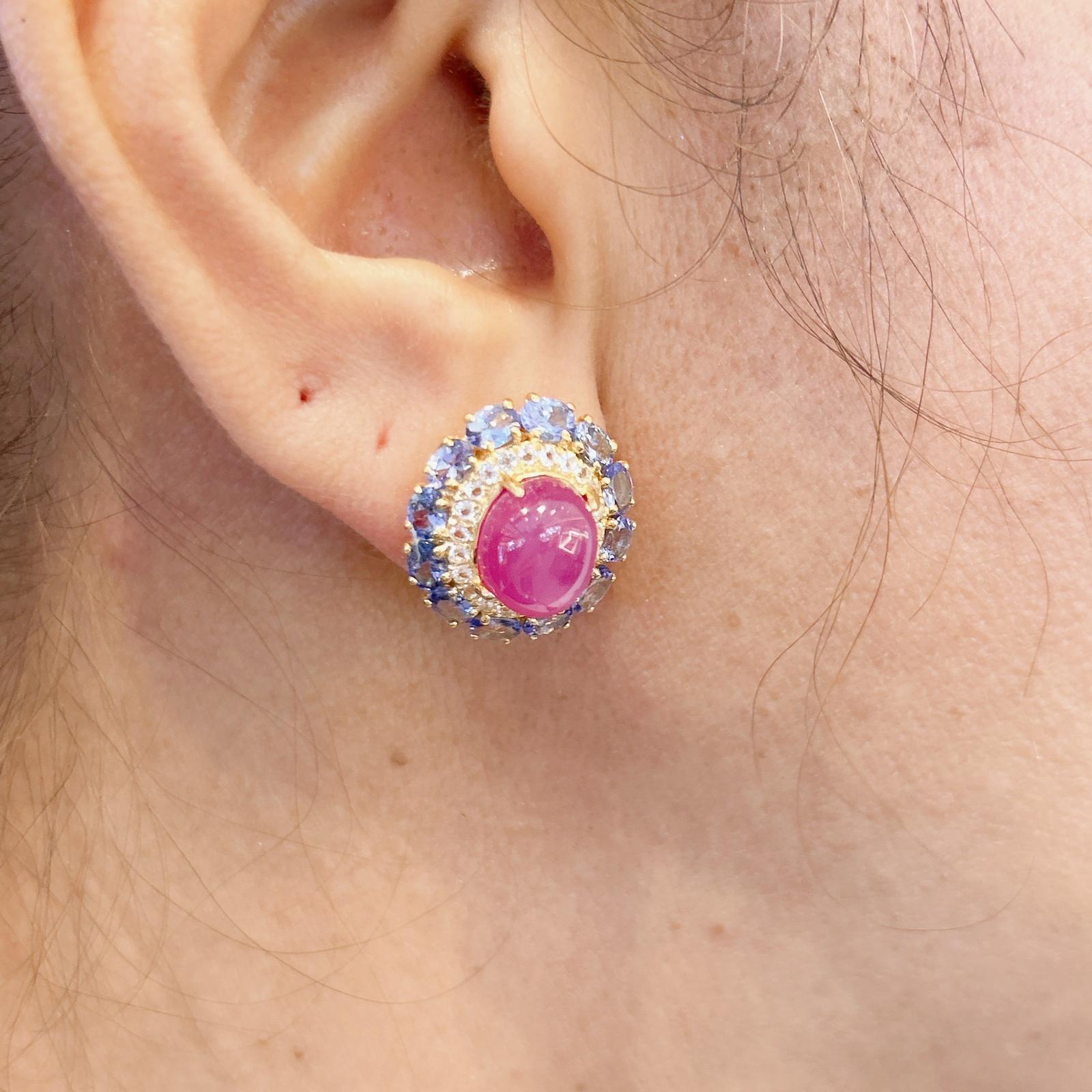 Cabochon Bochic “Capri” Ruby & Tanzanite Clip on Earrings Set in 22k Gold & Silver For Sale