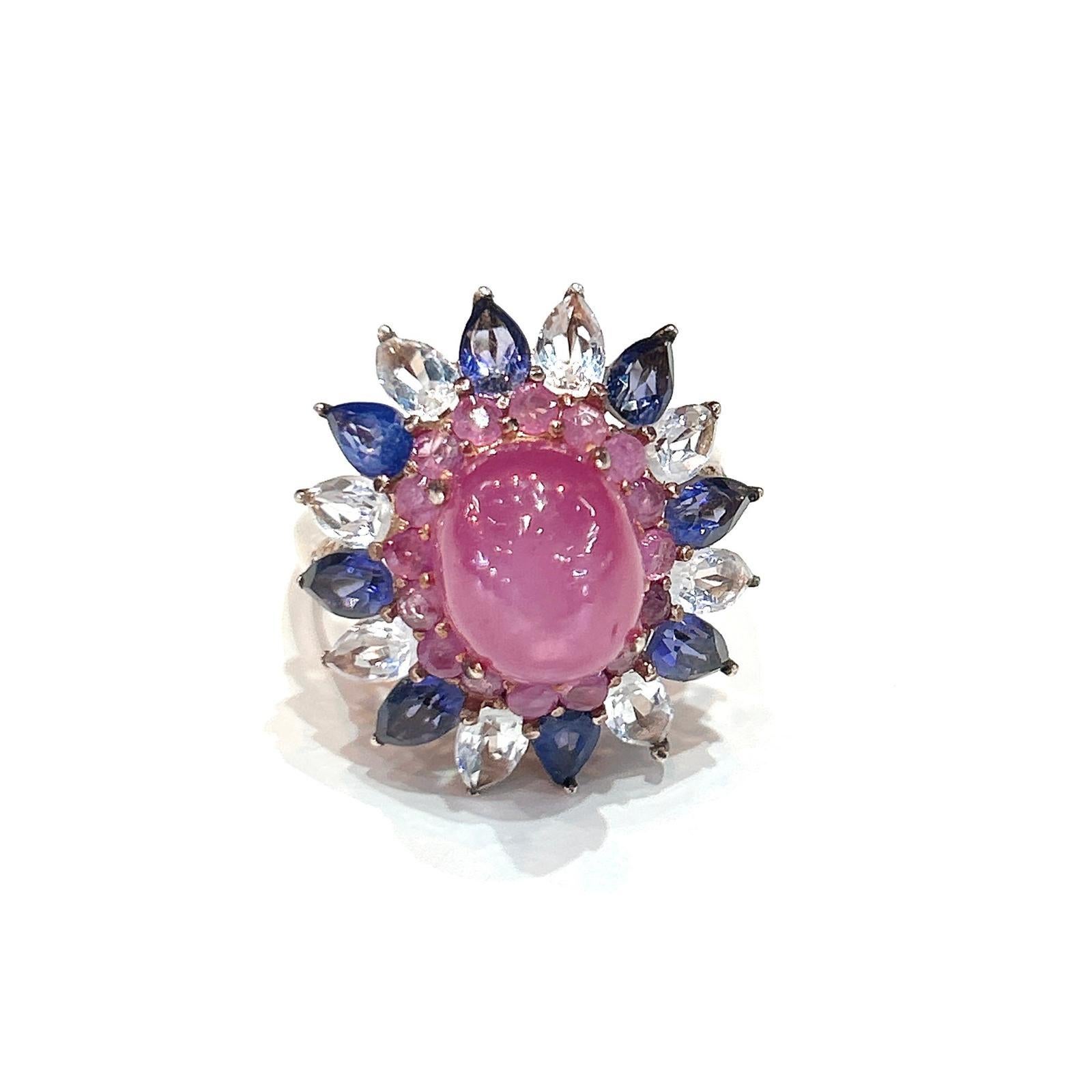 Baroque Bochic “Capri” Ruby, Tanzanite & White Topaz Cocktail Ring In 18K Gold & Silver For Sale
