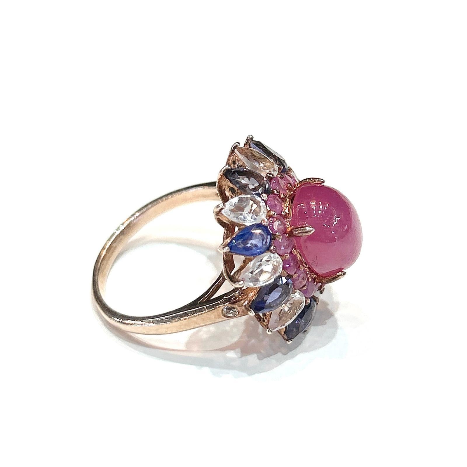 Pear Cut Bochic “Capri” Ruby, Tanzanite & White Topaz Cocktail Ring In 18K Gold & Silver For Sale