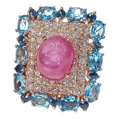 Anello Bochic "Capri" con rubino, topazio e topazio blu in oro e argento 18 carati