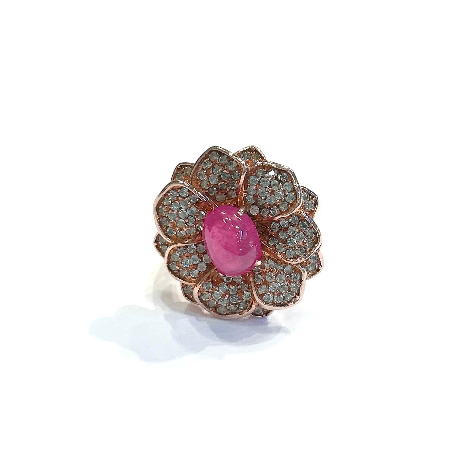 Bochic “Capri” Ruby & Topaz Cocktail Flower Ring Set In 18K Gold & Silver 

Natural Ruby - 5 Carats 
Natural White Topaz - 4 Carats 

This Ring is from the 