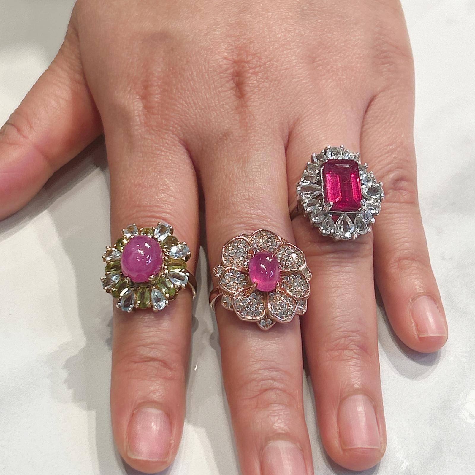 Baroque Bochic “Capri” Ruby & Topaz Cocktail Flower Ring Set In 18K Gold & Silver For Sale