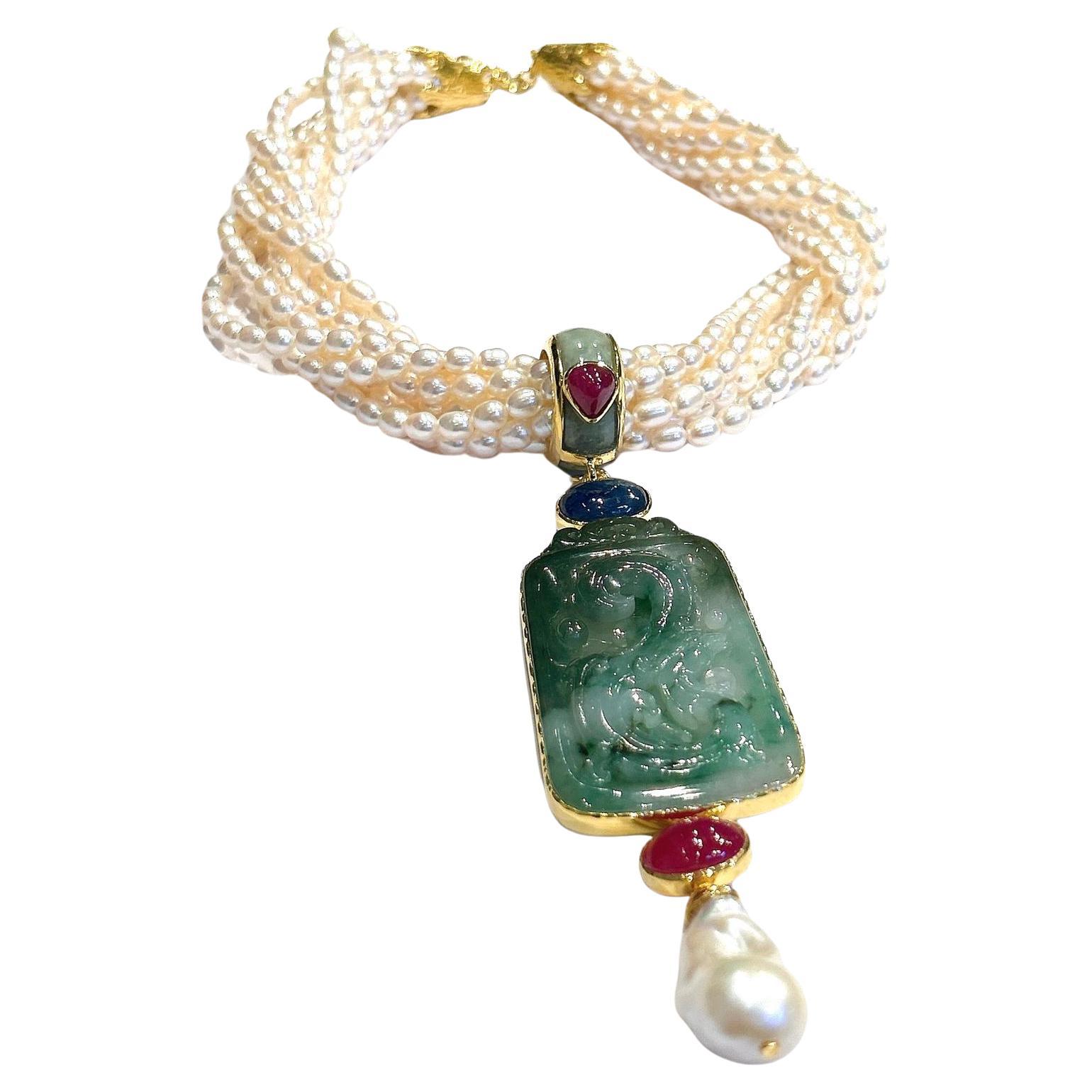 Collar Bochic "Capri" de rubí, jade vintage y perlas, en oro de 18 quilates y plata