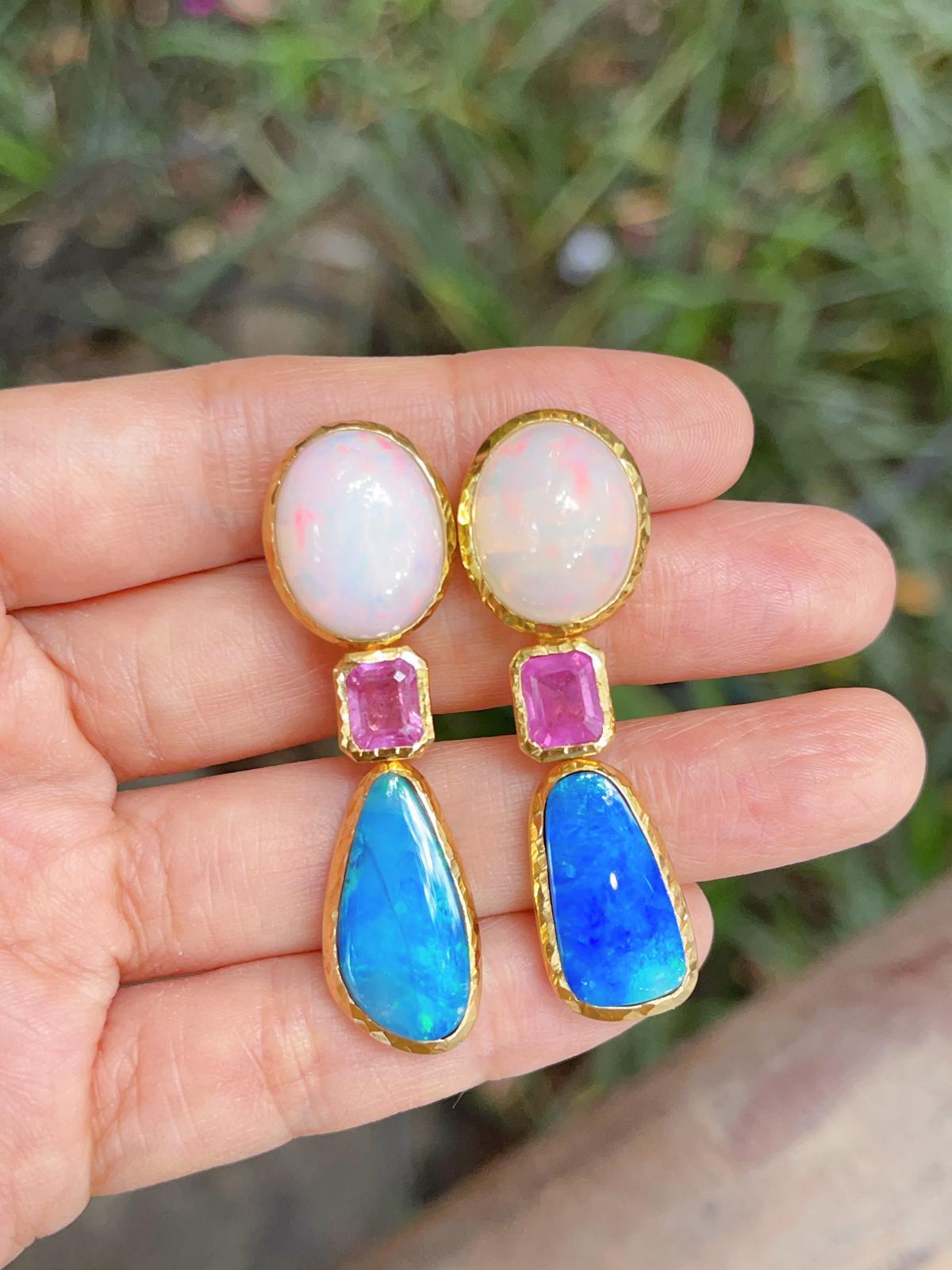 Cabochon “Capri”, Ruby, White & Blue Opal Earrings Set in 22 Gold & Silver For Sale