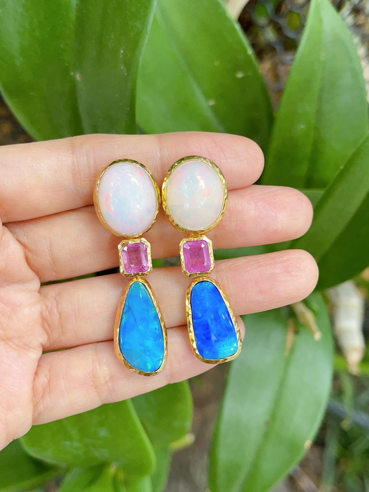 “Capri”, Ruby, White & Blue Opal Earrings Set in 22 Gold & Silver In New Condition For Sale In New York, NY