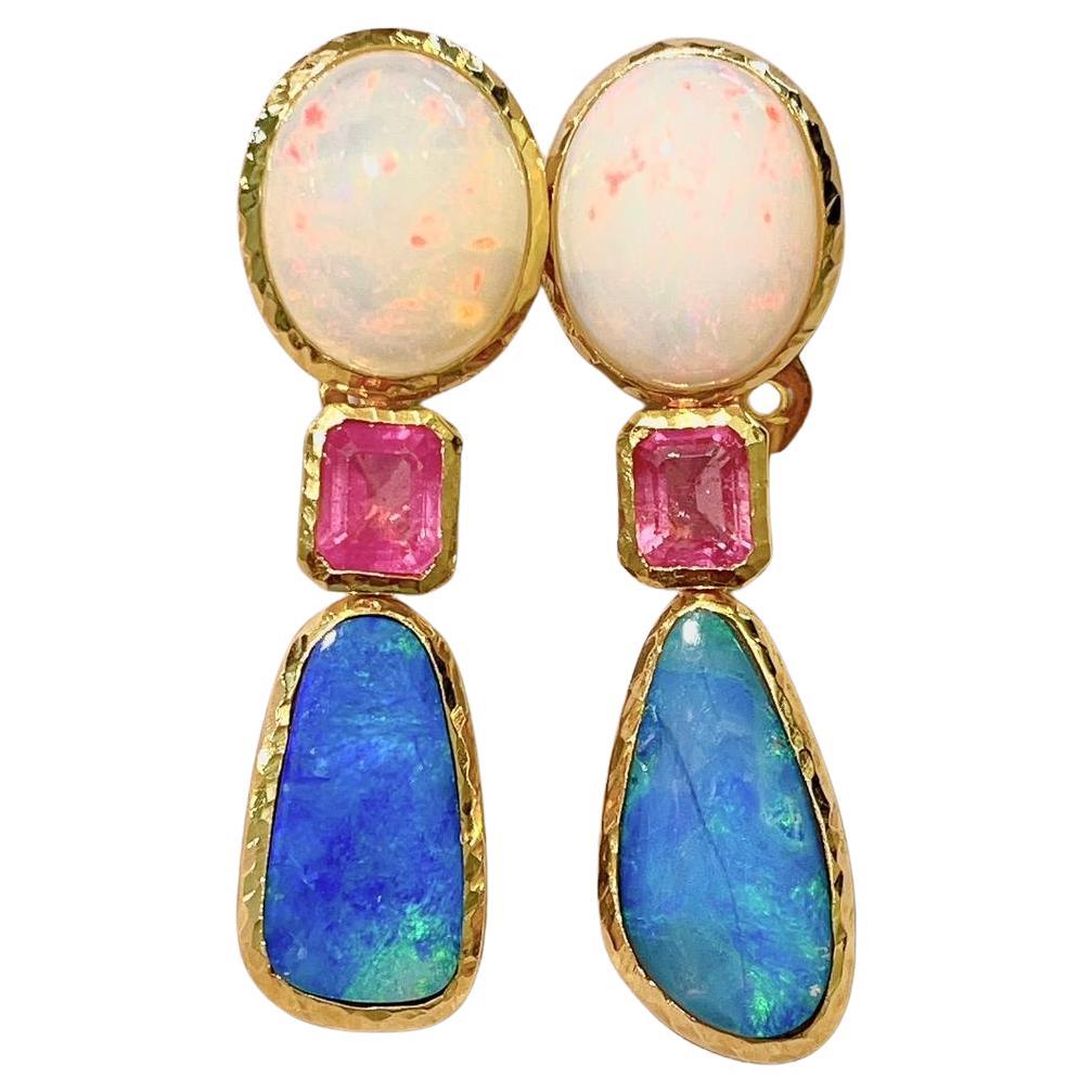 “Capri”, Ruby, White & Blue Opal Earrings Set in 22 Gold & Silver