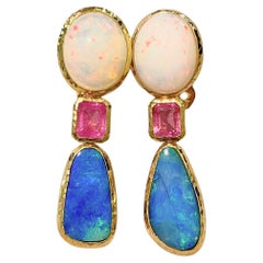 “Capri”, Ruby, White & Blue Opal Earrings Set in 22 Gold & Silver