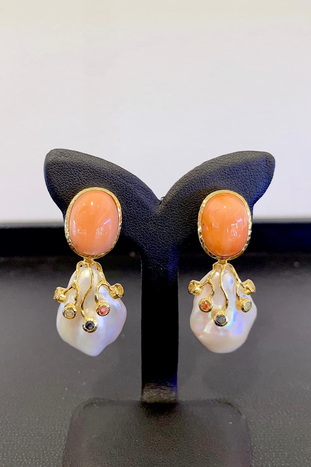 Baroque Revival Bochic “Capri” Salmon Coral & Fancy Color Sapphire Earrings Set 18K Gold&Silver