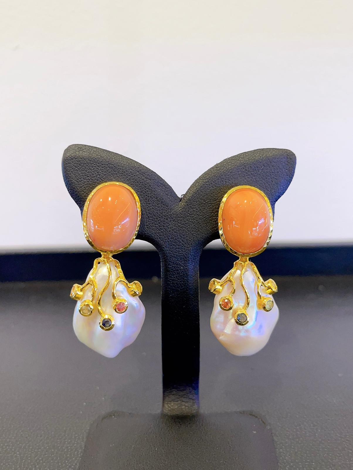 Brilliant Cut Bochic “Capri” Salmon Coral & Fancy Color Sapphire Earrings Set 18K Gold&Silver