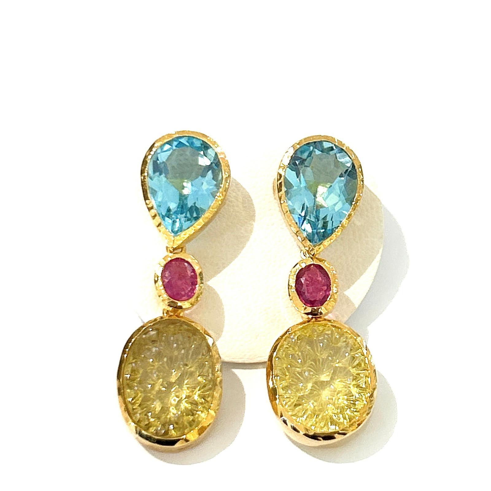 Bochic “Capri” Salmon Coral & Fancy Color Sapphire Earrings Set 18K Gold&Silver 3