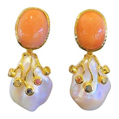 Bochic “Capri” Salmon Coral & Fancy Color Sapphire Earrings Set 18K Gold&Silver