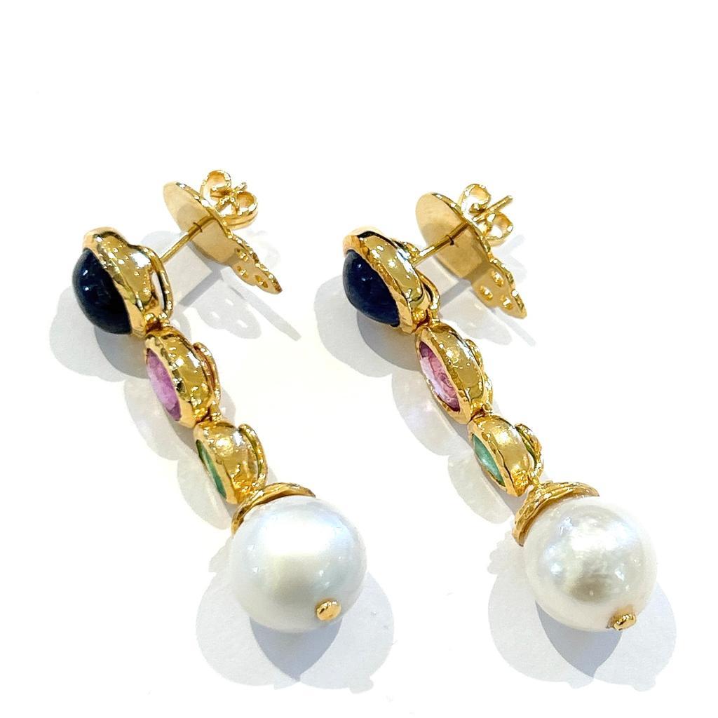 Baroque Bochic “Capri” Sapphire, Emerald & Pearl Earrings In 18K Gold & Silver For Sale