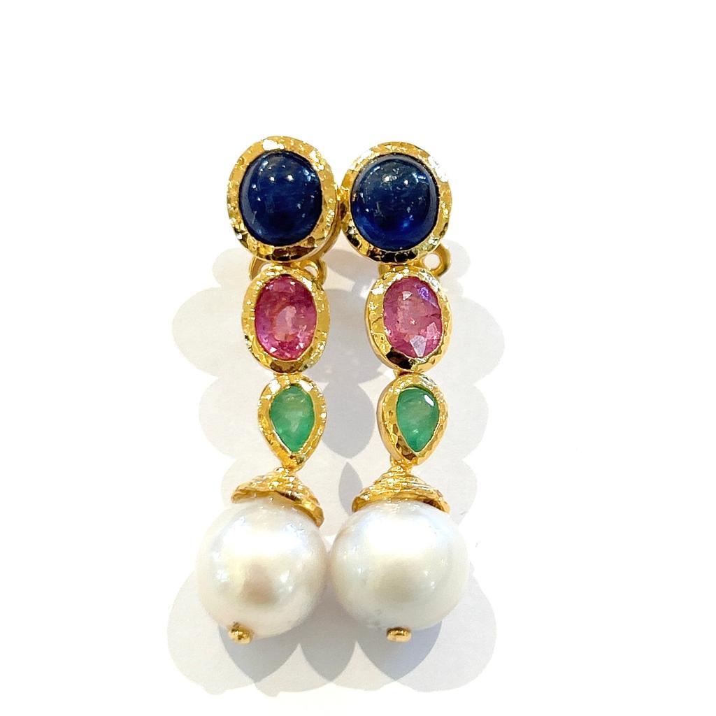 Oval Cut Bochic “Capri” Sapphire, Emerald & Pearl Earrings In 18K Gold & Silver For Sale