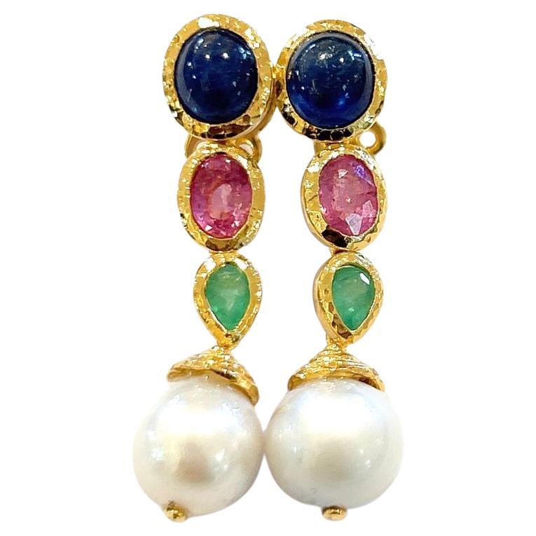 Bochic “Capri” Sapphire, Emerald & Pearl Earrings In 18K Gold & Silver For Sale