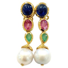 Used Bochic “Capri” Sapphire, Emerald & Pearl Earrings In 18K Gold & Silver