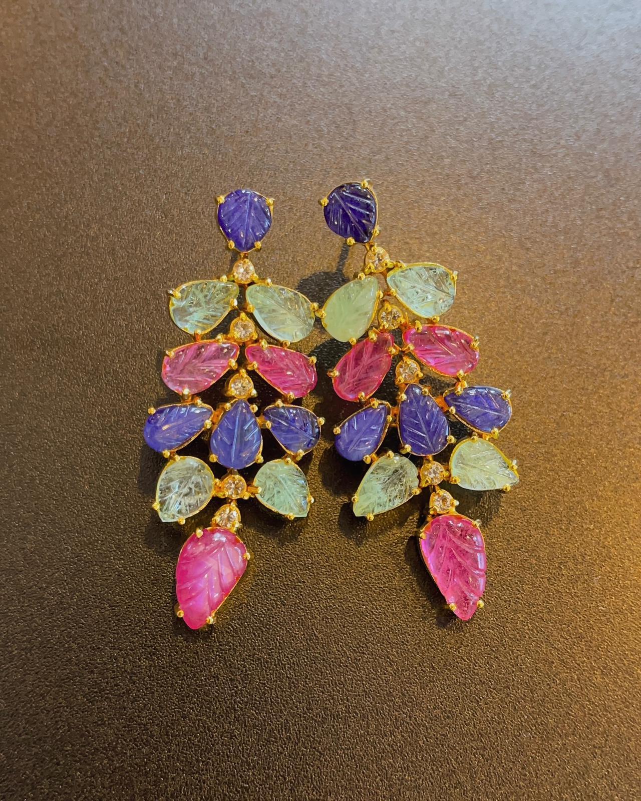 Baroque Bochic “Capri” Sapphire, Ruby and Emerald Earrings set in 22K Gold & Silver  For Sale