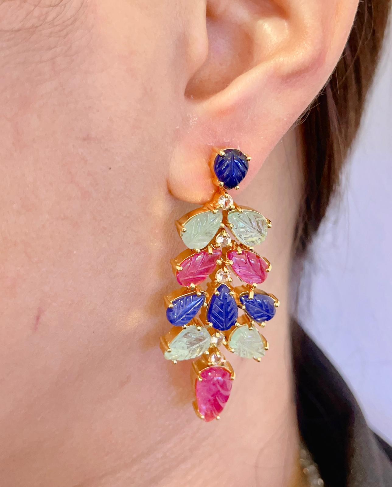 Emerald Cut Bochic “Capri” Sapphire, Ruby and Emerald Earrings set in 22K Gold & Silver  For Sale