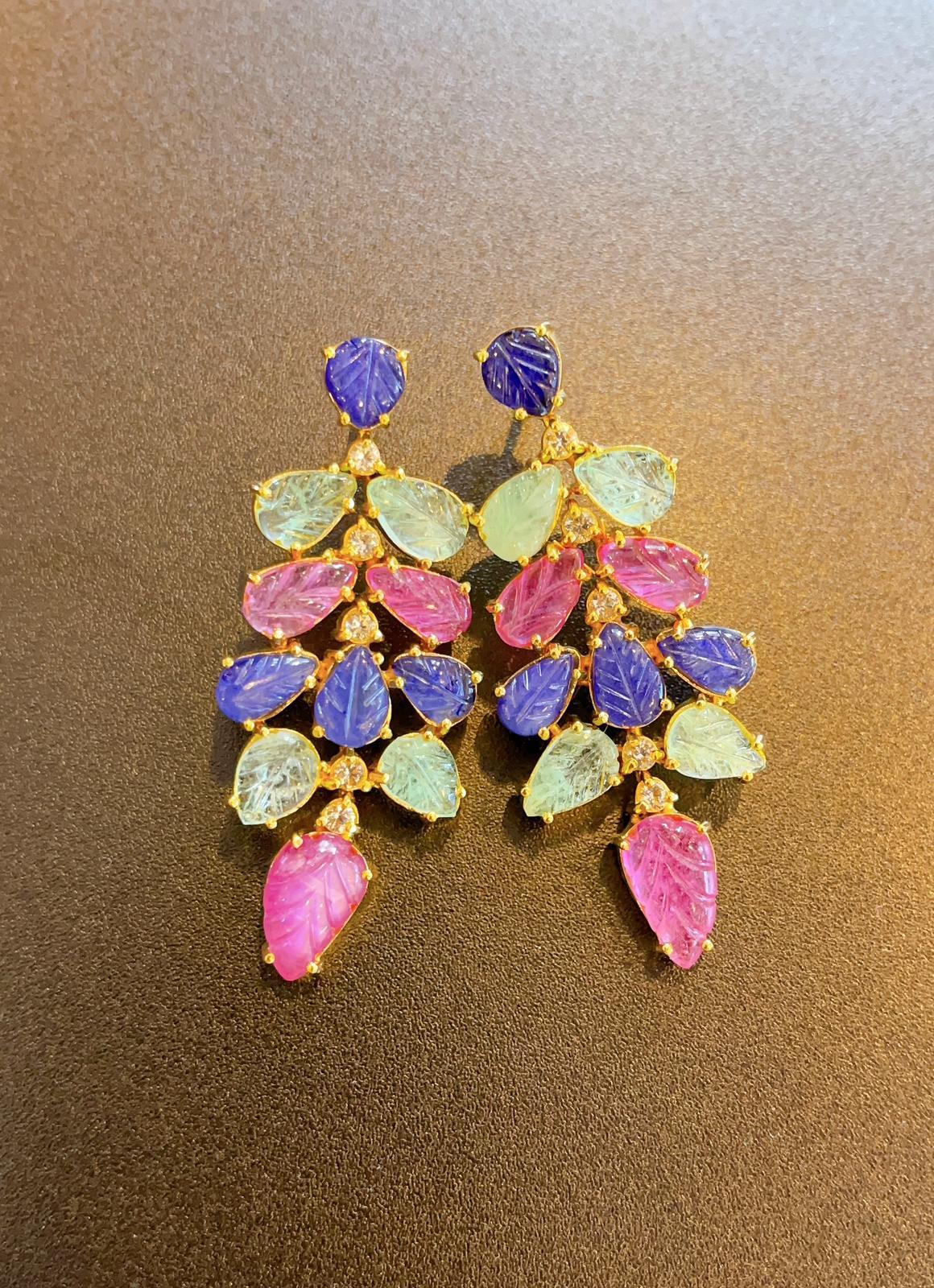 Bochic “Capri” Sapphire, Ruby and Emerald Earrings set in 22K Gold & Silver In New Condition For Sale In New York, NY
