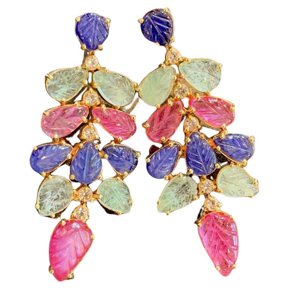 Bochic Capri-Ohrringe aus 22 Karat Gold und Silber mit Saphiren, Rubinen und Smaragden 