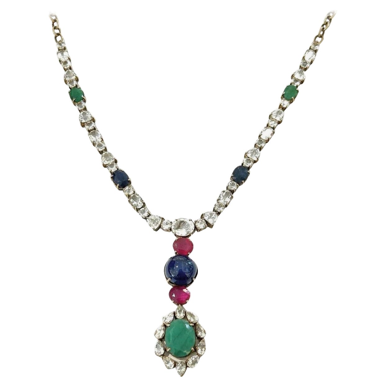Bochic “Capri” Sapphire, Ruby & Emerald Necklace Set In 18K Gold & Silver For Sale