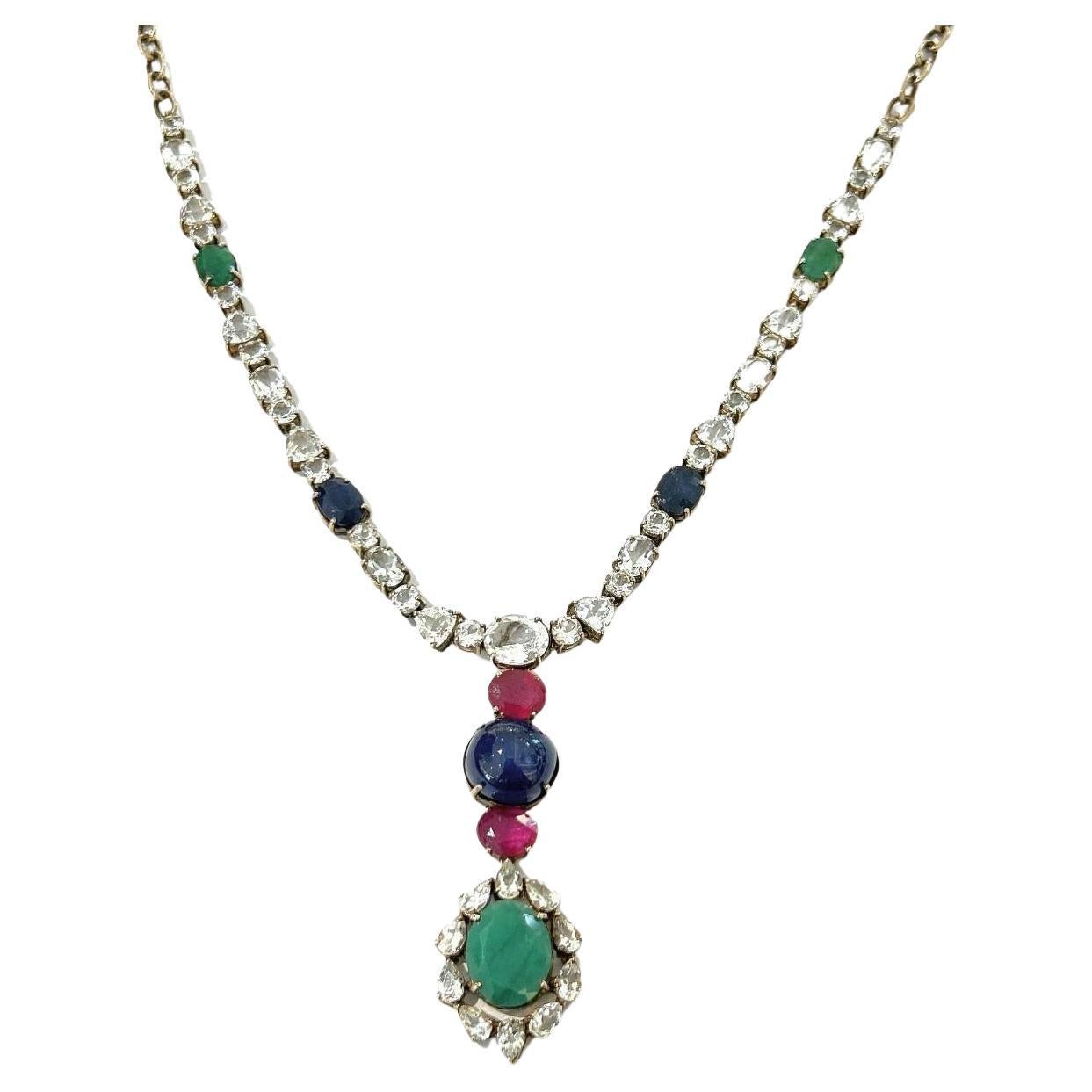 Bochic “Capri” Sapphire, Ruby & Emerald Necklace Set In 18K Gold & Silver  For Sale