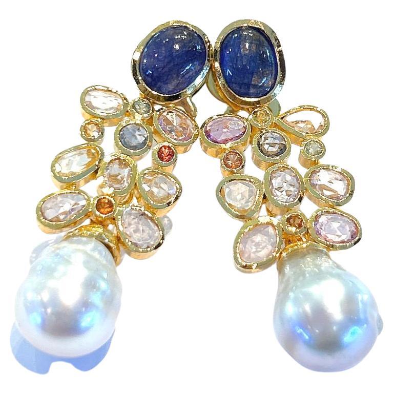 Bochic “Capri” Sapphire & South Sea Pear Earrings Set In 18K Gold & Silver 
Blue Sapphire , Oval shape - 6 Carat
Rose Cut Multi color Sapphire from Sri Lanka - 3 Carat
South Sea Pearls, White color and Pink tone 

The earrings from the 