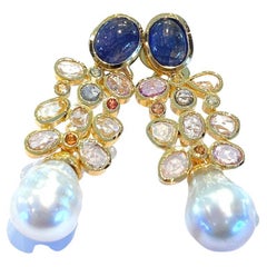 Bochic “Capri” Vintage Rose Cut Sapphires & South Sea Earrings 18K Gold & Silver