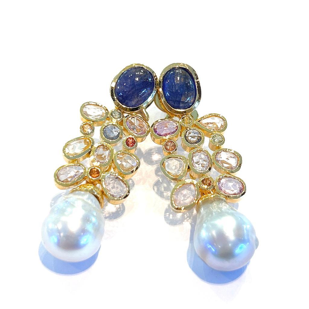 Baroque Bochic “Capri” Sapphire & South Sea Pear Earrings Set In 18K Gold & Silver  For Sale