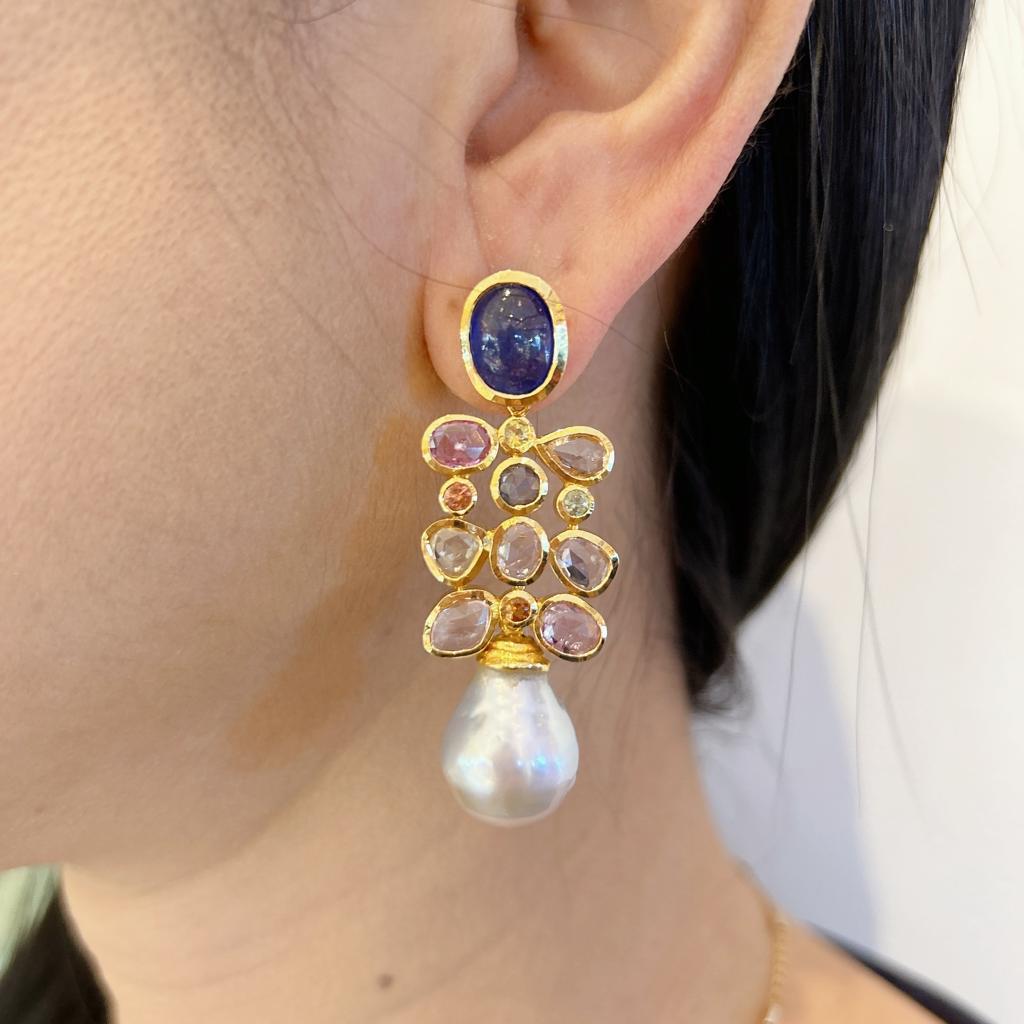 Bochic “Capri” Sapphire & South Sea Pear Earrings Set In 18K Gold & Silver  In New Condition For Sale In New York, NY