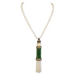 Collana Bochic "Capri" con zaffiro, giada vintage e perle in oro e argento 18 carati