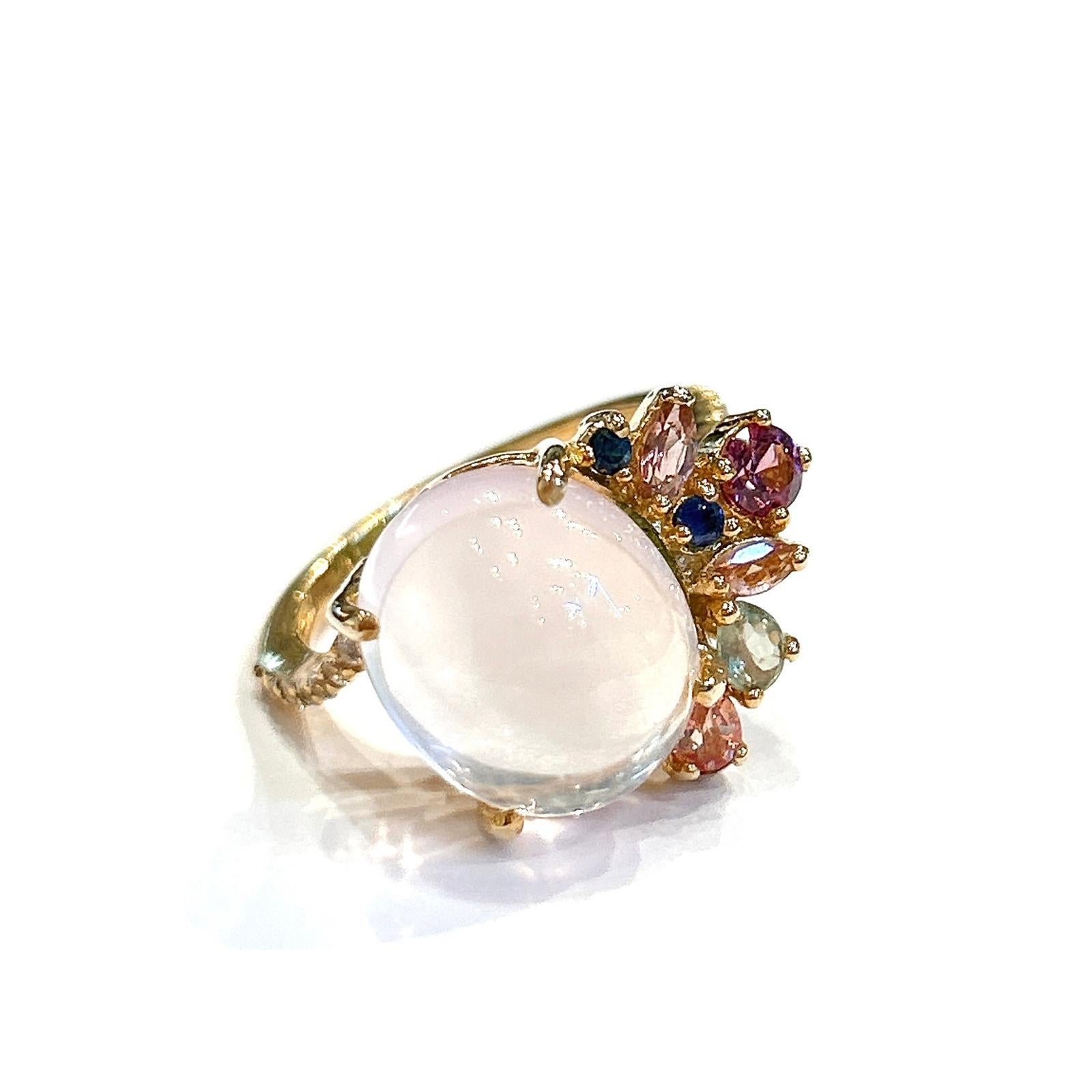 Brilliant Cut Bochic “Capri” Sapphires, Tourmaline & Pink Quartz Ring Set 18K Gold & Silver For Sale