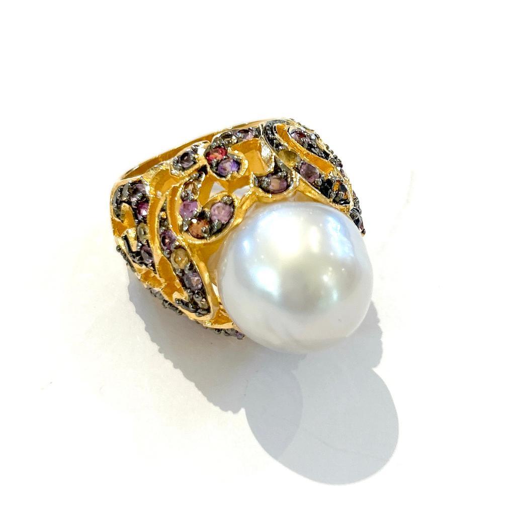 Art Deco Bochic “Capri” South Sea Pear & Multi Color Sapphires Ring Set 18K Gold & Silver For Sale