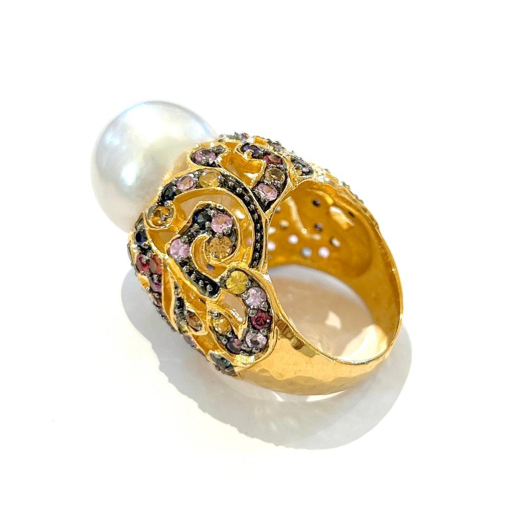 Brilliant Cut Bochic “Capri” South Sea Pear & Multi Color Sapphires Ring Set 18K Gold & Silver For Sale