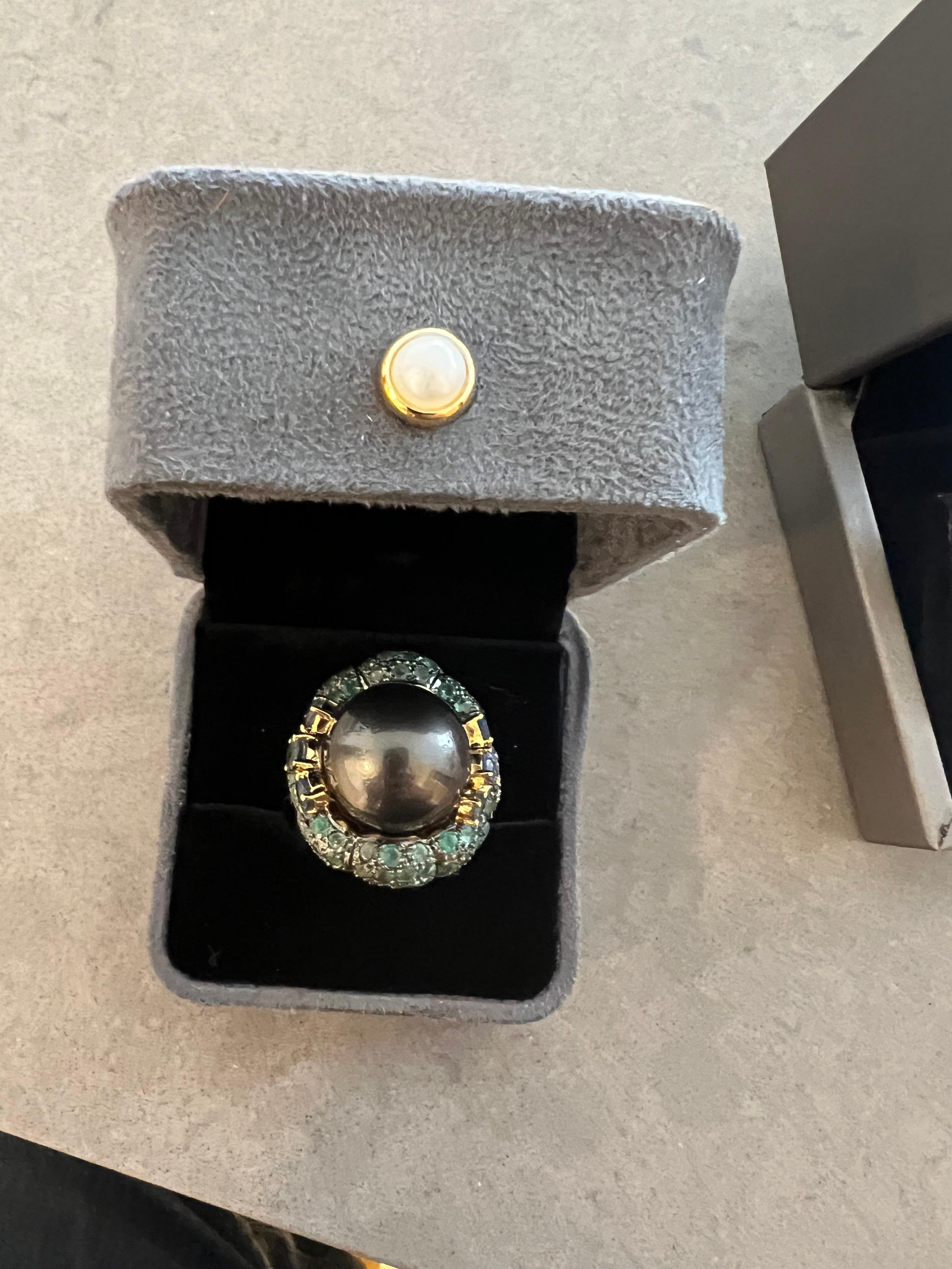Women's Bochic “Capri” South Sea Pear & Multi Color Sapphires Ring Set 18K Gold & Silver For Sale