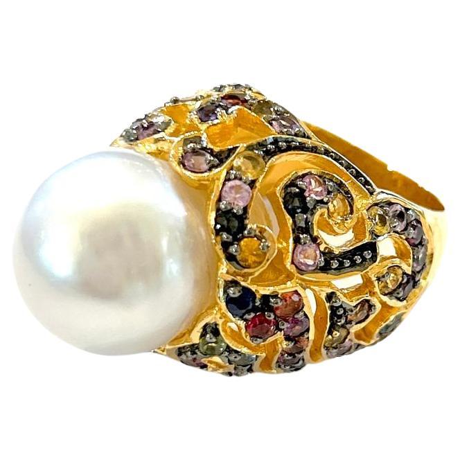 Bochic “Capri” South Sea Pear & Multi Color Sapphires Ring Set 18K Gold & Silver For Sale