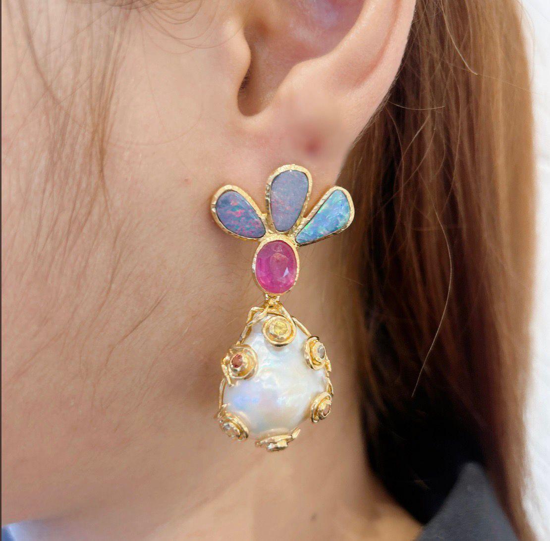 Women's Bochic “Capri” South Sea Pearl & Multi Gem Earrings Set in 22k Gold & Silver For Sale