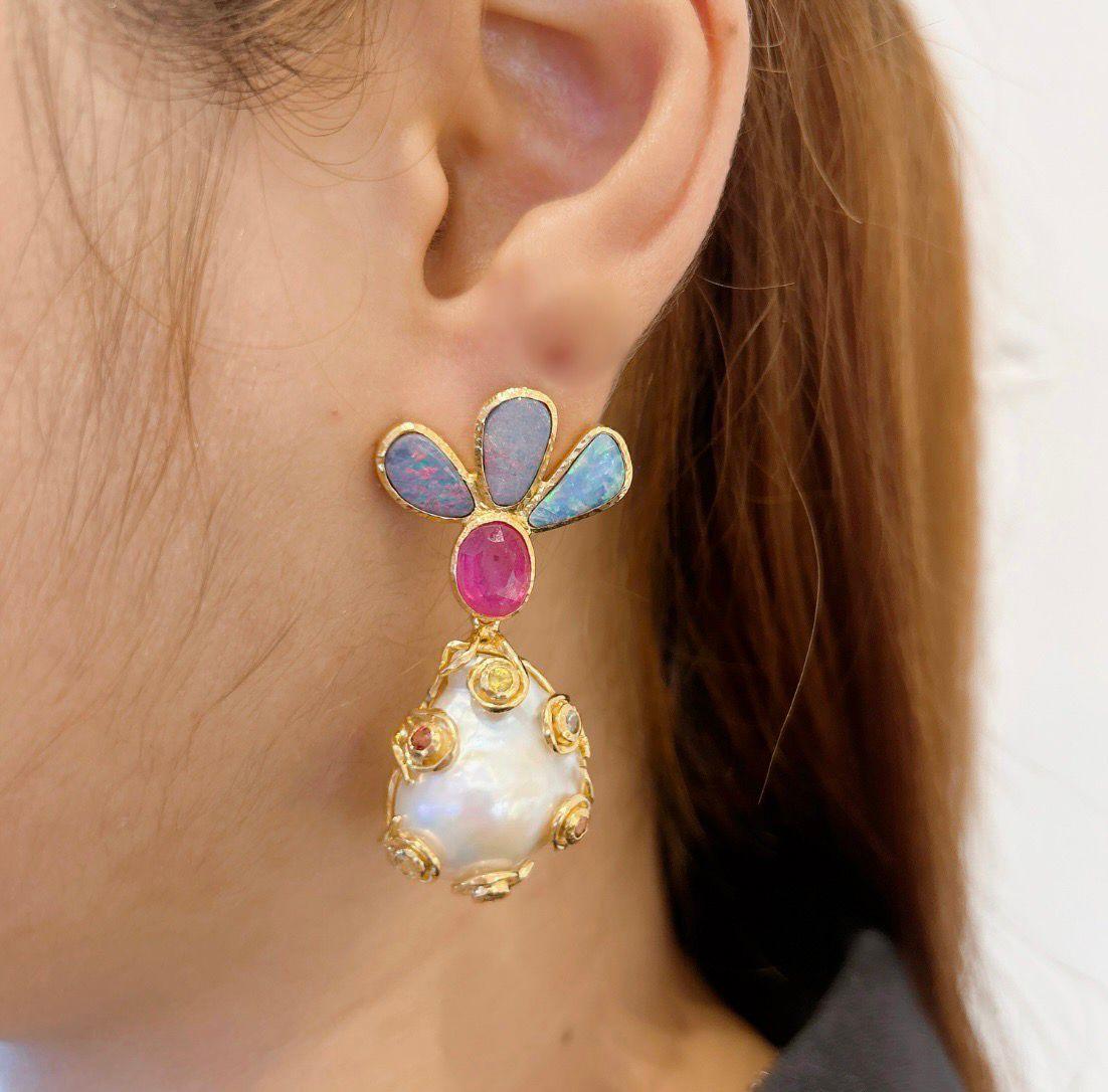 Bochic “Capri” South Sea Pearl & Multi Gem Earrings Set in 22k Gold & Silver For Sale 1